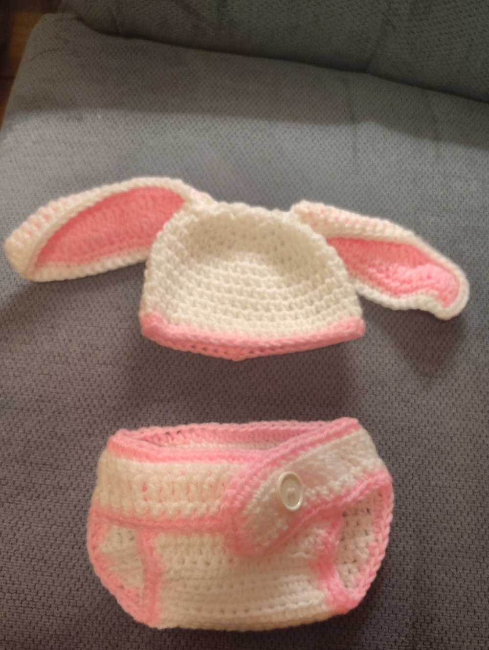 Handmade White and Pink Bunny Hat & Diaper Cover Set for Kids